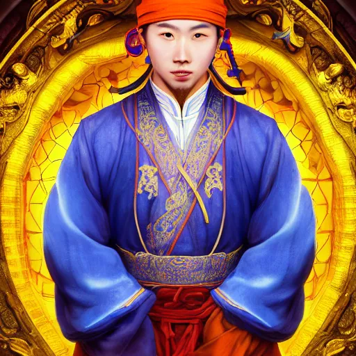 Image similar to portrait painting of a 3 0 year old handsome chinese taoist priest, like liangchao wei, amiable by wenjun lin, irakli nadar, bright colors, octopath traveler, wenjun lin, unreal engine 5 highly rendered, global illumination, radiant light, detailed and intricate environment