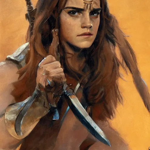 Image similar to emma watson as conan the barbarian by gregory manchess, james gurney, james jean