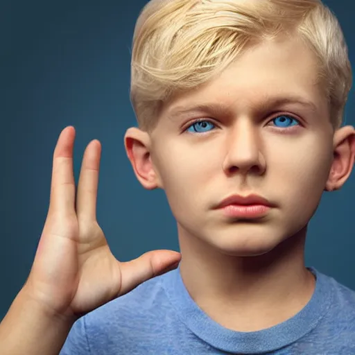 Image similar to portrait of a boy with his hand on his face, extremely realistic and real, photorealistic, blonde hair and blue eyes, detailed facial structure, real eyes that are detailed, real hands