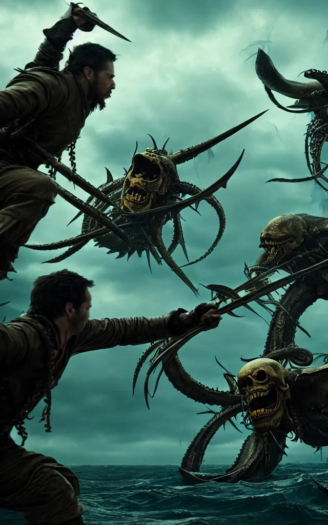 Image similar to pirates fighting kraken, cinematic atmosphere, maximized, high detail, 8k, ornate, dark fantasy, masterpiece, complex, film still from the movie directed by Denis Villeneuve