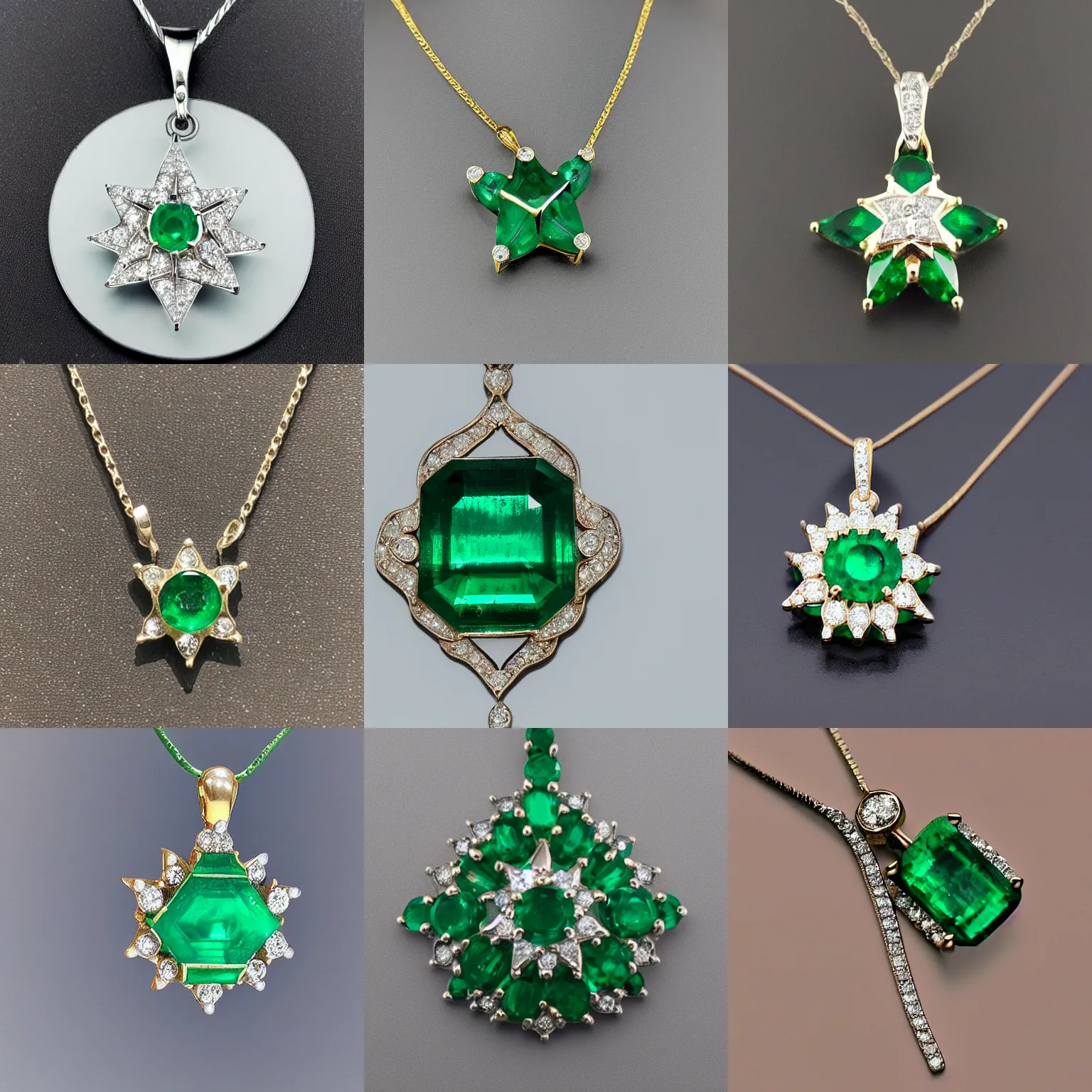 Prompt: a 2kt emerald pendant with diamonds in the shape of a star,