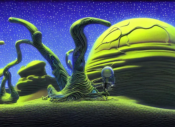 Image similar to close up photography of strange surrealist detailed glowing alien electronic-musical-instruments!! in a bryce 3d surrealist landscape biome, designed by pixar!!, Michael Whelan art directs Dune (1984), hyper detailed, photorealistic, 8k, hd