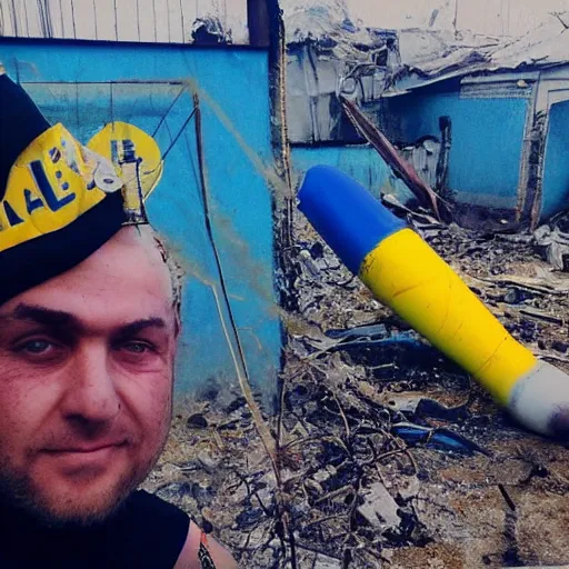 Prompt: last selfie of frightened funny damaged to bones ukrainian bleeding in dirty yellow and blue rags, nuclear rocket explosion at background