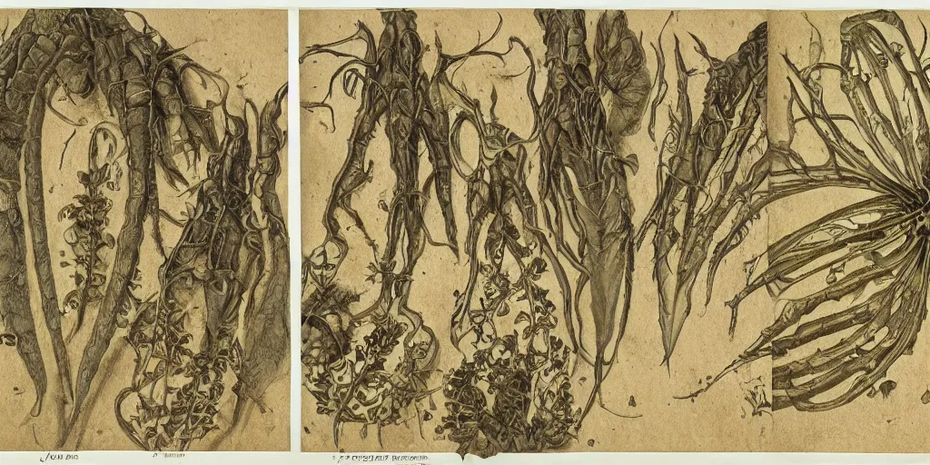 Image similar to high resolution scan of the pages of an old and alien herbarium, by john howe