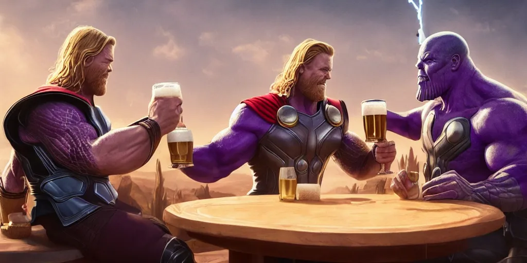Prompt: Thanos and Thor having beers in a tabern, elegant, highly detailed, artstation, concept art, smooth, sharp focus, 4k