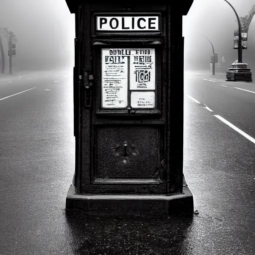 Prompt: A hyperdetailed 1920s era photograph of a Police Public Call Box sat on a street corner, night, dense fog, rain, HD, 8K resolution