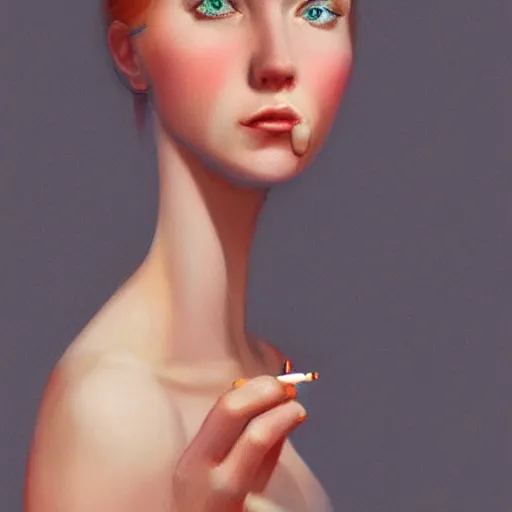 Prompt: portrait of a beautiful woman lighting a cigarette with a match, pixar cute, highly detailed, sharp focus, digital painting, art by martine johanna + joe jusko
