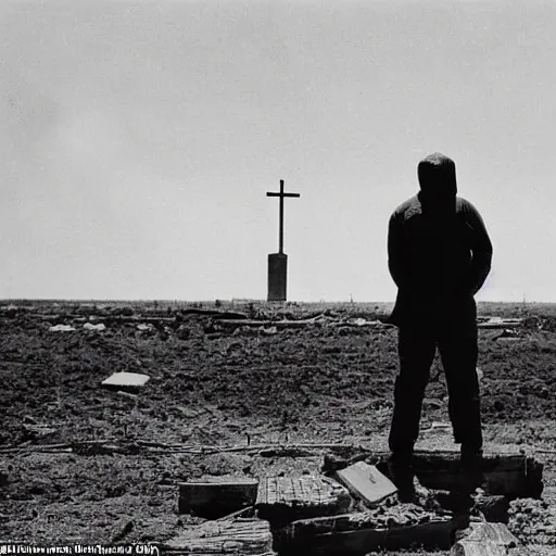 Image similar to a lone man is kneeling before a wooden cross in a barren wasteland as the plume from the explosion of a nuclear bomb is seen in the distance