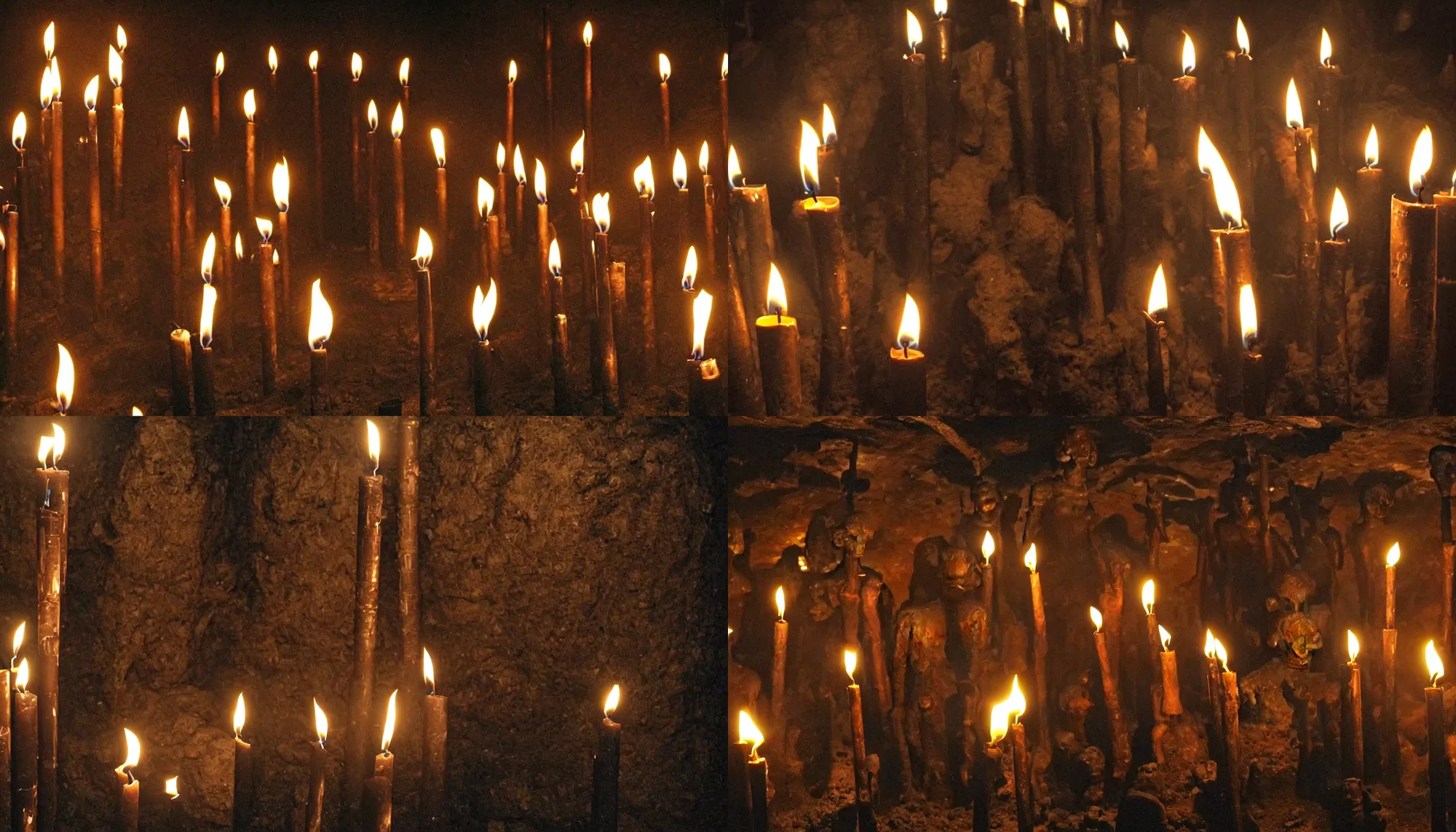 Prompt: underground civilization dark torches candles deformed people hybrid species