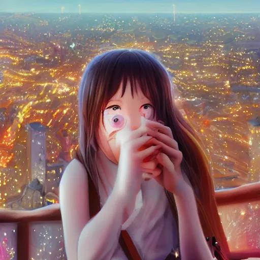 Prompt: girl watching watching fireworks on a hill, digital art, by range murata, akiyuki shinbou, highly detailed, realistic, cinematic, bold colours, photorealism, 4 k