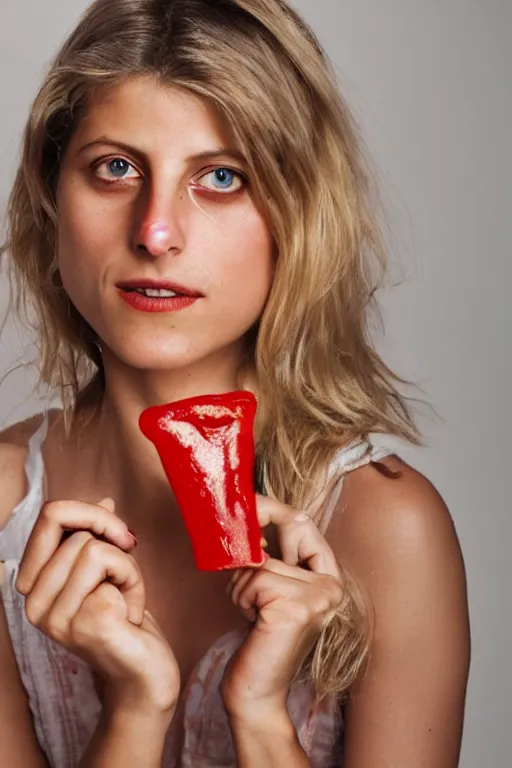 Image similar to melanie laurent made out of ketchup, ketchup in the shape of a human being, professional food photography