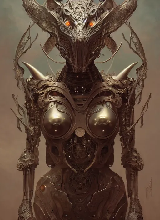 Image similar to organic cyborg, dragon mask, diffuse lighting, fantasy, intricate, elegant, highly detailed, lifelike, photorealistic, digital painting, artstation, illustration, concept art, smooth, sharp focus, art by John Collier and Albert Aublet and Krenz Cushart and Artem Demura and Alphonse Mucha