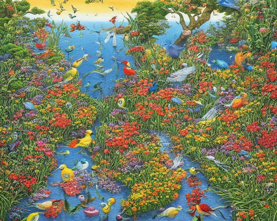 Image similar to birds sea wall garden painting in a frame by Jacek Yerka,