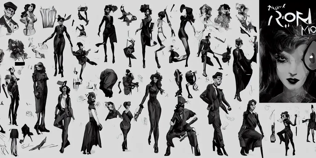 Image similar to noir girl 4 0 s film, character sheet, concept design, contrast, milo manara, frank miller, hot toys, kim jung gi, greg rutkowski, zabrocki, karlkka, jayison devadas, trending on artstation, 8 k, ultra wide angle, pincushion lens effect