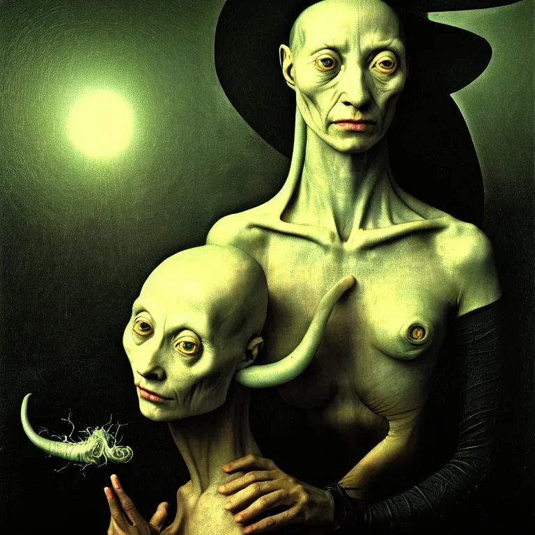 Image similar to beautiful portrait of alien witch by hieronymus bosch, soft grainy bloom lucid dream - like atmosphere, harsh flash photo, baroque portrait painting, perfect composition, detailed octane render trending on artstation, 8 k artistic photography, volumetric cinematic perfect light, chiaroscuro, masterpiece, raphael, caravaggio, beksinski, rutkowski, beeple