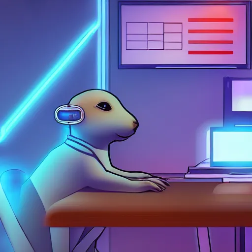 Prompt: prairie dog hacker in a blue-lit room surrounded by computers, highly detailed, trending on pixiv