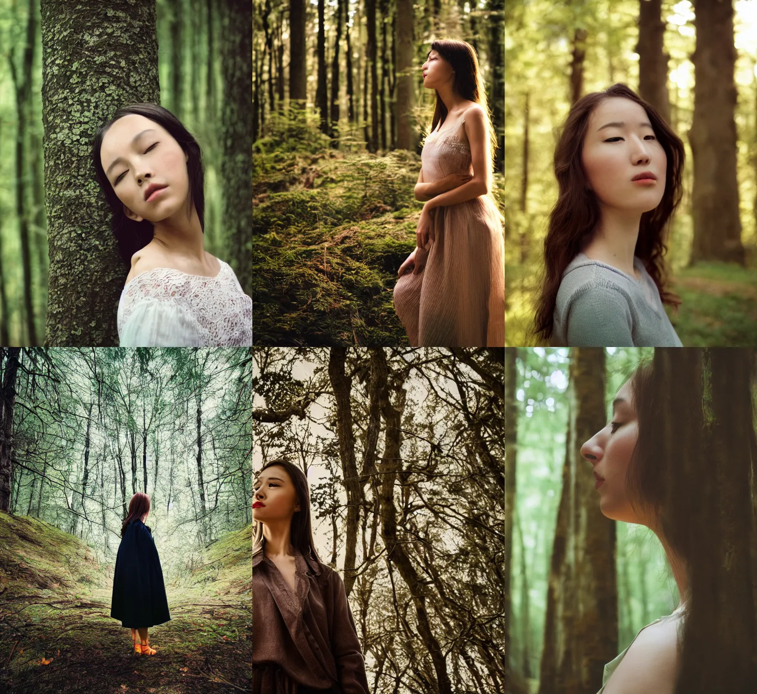 Prompt: Portrait of a beautiful woman in profile at the edge of a spring forest, photo, cinematic, realistic, wide angle, 24 mm, film