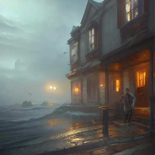 Image similar to a scene from the shortstory shadow over innsmouth, dramatic light, painted by stanley lau, painted by greg rutkowski, painted by stanley artgerm, digital art, trending on artstation