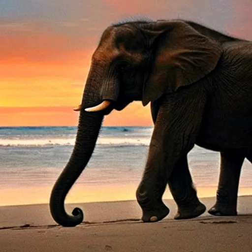 Prompt: leonardo dicaprio riding an elephant on beach at sunset romantic lighting