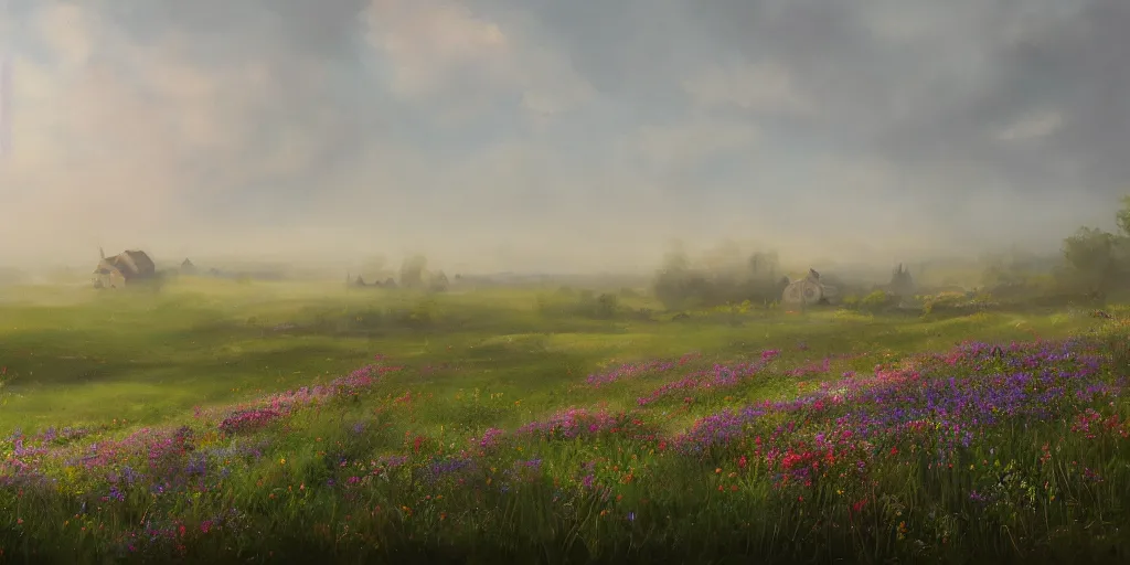 Image similar to a matte painting of a european prairie, cottages, foggy, patchy flowers, oil painting, pale colors, high detail, 8 k, wide angle, trending on artstation,