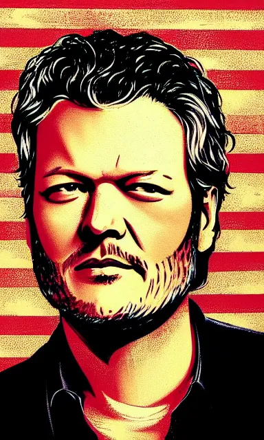 Image similar to portrait of blake shelton standing against barn wall by shepard fairey