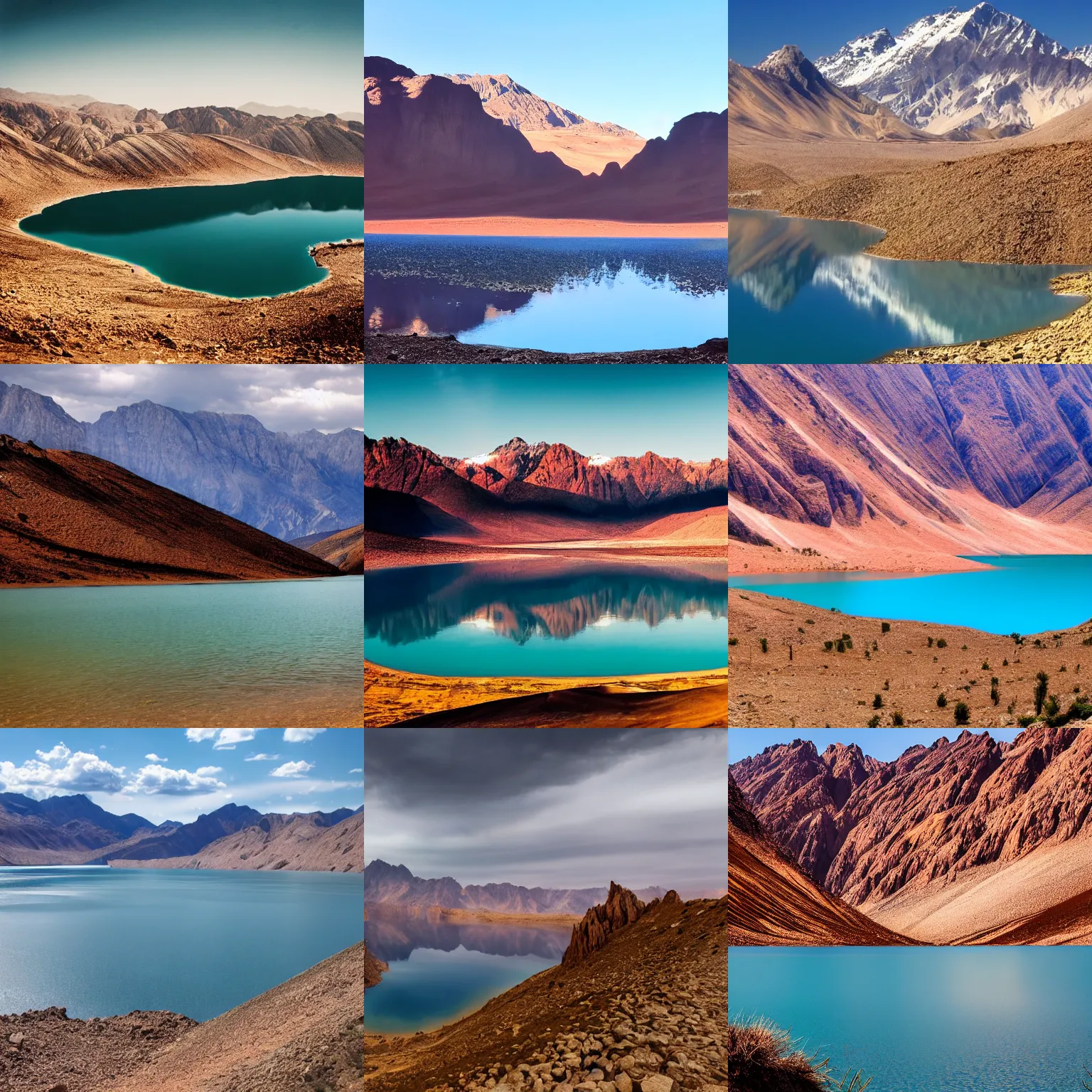 Prompt: breathtaking scenery by denis villeneuve, lake, mountains, desert, 8 k