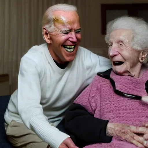 Prompt: a professional atmospheric film like 35mm photograph of an evil laughing Joe Biden with late stage Dementia severely assaulting a 90-year old woman at a run-down senior citizen rest home, there is full bedpan next to him