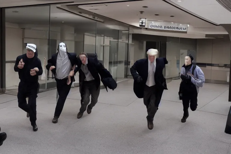 Image similar to dramatic cinematic bank robbers running out of bank wearing trump masks by Roger Deakins