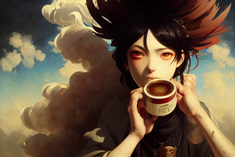 Prompt: mexican smoking weed and drinking coffee baroque oil painting finely detailed perfect face f anime shinkai takeuchi key visual of character concept art pixiv fanbox, painted by greg rutkowski