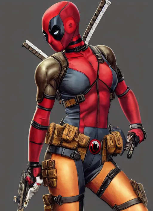 Image similar to female deadpool, naturel, hyper detailed, digital art, trending in artstation, cinematic lighting, studio quality, smooth render, unreal engine 5 rendered, octane rendered, art style by klimt and nixeu and ian sprigger and wlop and krenz cushart