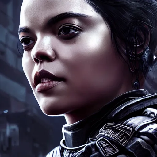 Prompt: tessa thompson portrait, dystopia core, apocalyptic, armor, warrior, dramatic, sharp focus, fiction, neon, fantasy, hyper detailed, digital art, trending in artstation, cinematic lighting, studio quality, smooth render, unreal engine 5 rendered, octane rendered, art style and nixeu and wlop and krenz cushart