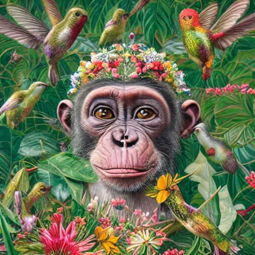 Prompt: beautiful young female chimpanzee surrounded by hummingbirds and fine floral ornaments, eye - level medium - angle shot, intricate, floral background, by esao andrews, by m. w. kaluta, by yoshita amano, intricate, symmetrical, natural lighting, smooth, 3 d octane render, depth perception, 4 k,, artstation