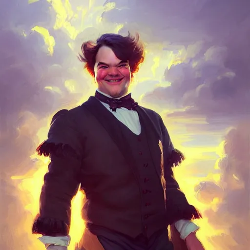 Prompt: portrait painting of a jack black age 2 5, bright and energetic, with a sweet smile and coiffed hair, render cinematic lighting art 1 9 2 0 period drama by bussiere rutkowski andreas rocha