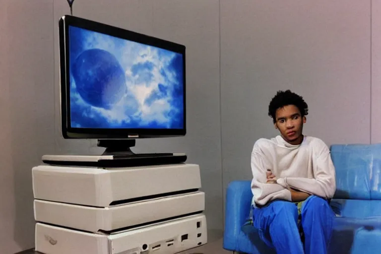 Image similar to an extremely realistic life-sized computer mainframe made of porcelain, beautiful model made of plastic sitting on a starry blue couch, from 1985, bathed in the glow of a crt television, low-light photograph, in style of Tyler Mitchell