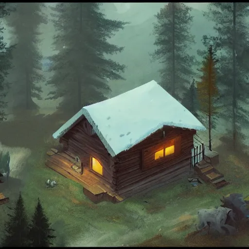 Image similar to concept art of a cabin in the woods, isometric view, detailed, volumetric lighting, style of greg rutkowski