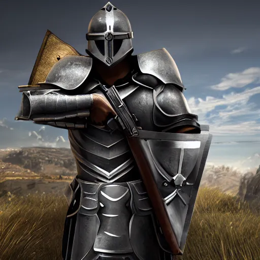 Prompt: a Knight, holding a Shield, holding an Ak-47, unreal engine