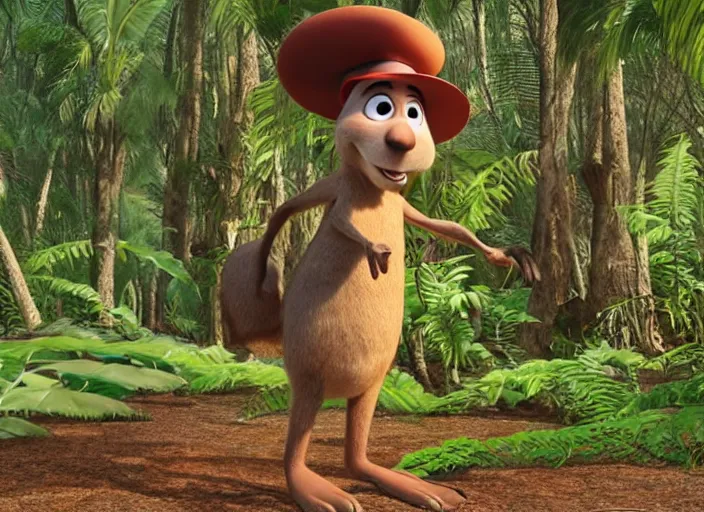 Image similar to a still from a pixar movie, of a kangaroo wearing a brown adventurer hat and explorer clothes, standing in a tropical forest, hd 4 k high detailed