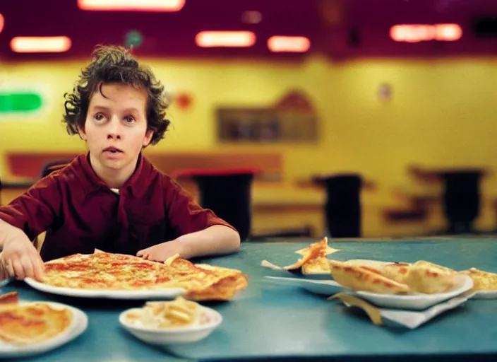 Prompt: portrait of charlie kaufman eating pizza at chuck - e - cheese with sloppy cheesy sauce, dramatic lighting, moody film still from 2 0 1 6, 3 5 mm kodak color stock, 2 4 mm lens, directed by spike jonze, ecktochrome
