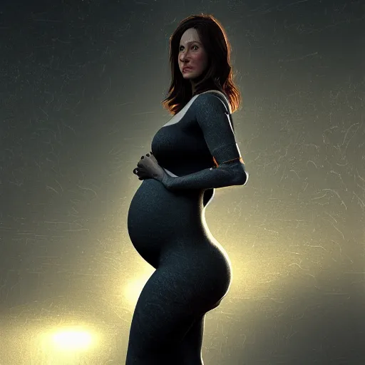 Image similar to pregnant female cyborg, robot anatomy elements, female body elements, cozy atmospheric and cinematic lighting, ultra rendered extreme realism and detail, 8 k, linear gamma, dynamic pose, dissolution filter, turbulence filter, sophisticated composition, old masters light composition, procedurally generated, pbr, in style of old masters, photorealistic, full length, sharp focus,