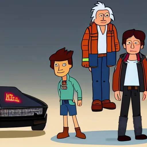 Prompt: Doc and Marty McFly standing in front of their delorian car, in the style of Futurama