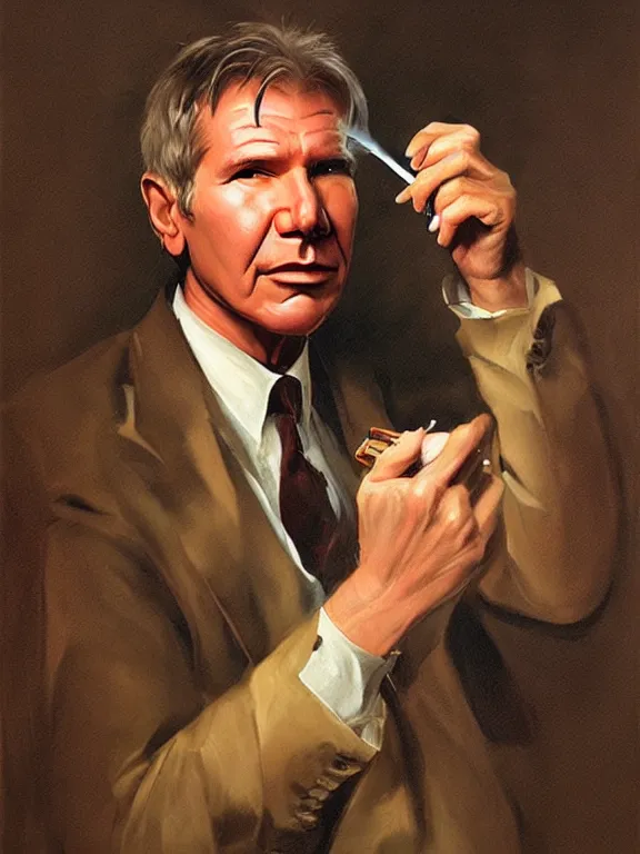 Image similar to portrait of harrison ford smoking a joint, in a style blend of whelan and leyendecker and rockwell, oil painting, volumetric lighting, intricate details