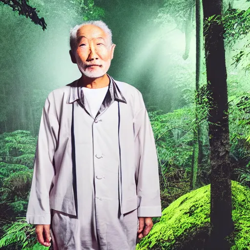 Image similar to old japanese man wearing a dirty and tattered business suit wandering through a misty and dark rainforest at night, glitchy paparazzi photo,