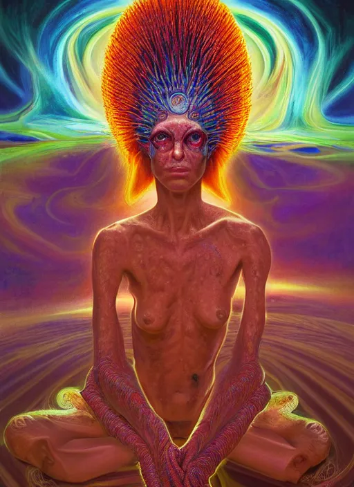 Prompt: portrait ultra dimensional cult woman shaman, accidentally tripping on dmt and acid, psychedelic experience, ascending through the fifth dimension moving at the speed of light and sitting still, portal, ultra high definition, unreal engine 5, hyperrealism, masterpiece composition, by peter kemp, casey weldon, barclay shaw