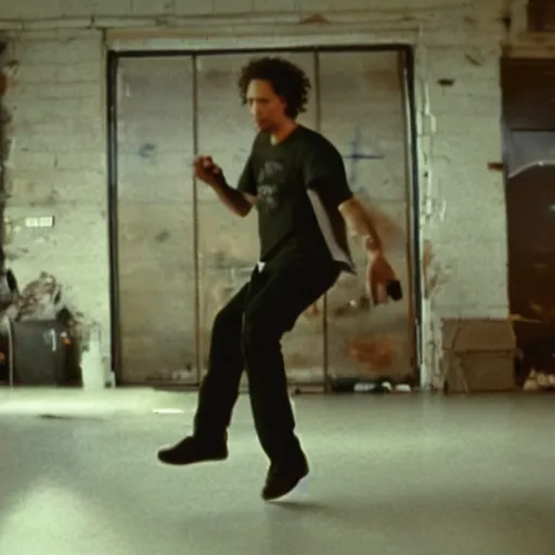 Image similar to zack de la rocha dancing in new york film still from fight club