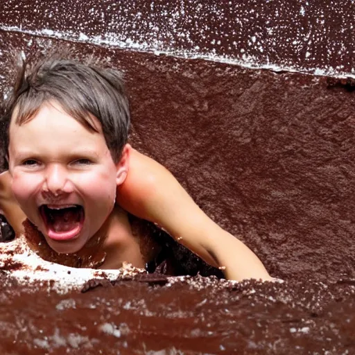 Image similar to photo of a kid sliding through chocolate pudding head first, slip n slide