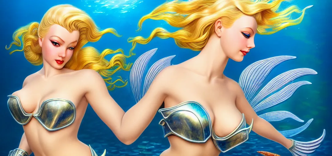 Image similar to photo of a gorgeous blonde female mermaid wearing metal armor in the style of alberto vargas and stefan kostic, realistic, half body shot, sharp focus, 8 k high definition, insanely detailed, intricate, elegant, art by stanley lau and artgerm, extreme blur coral reef background