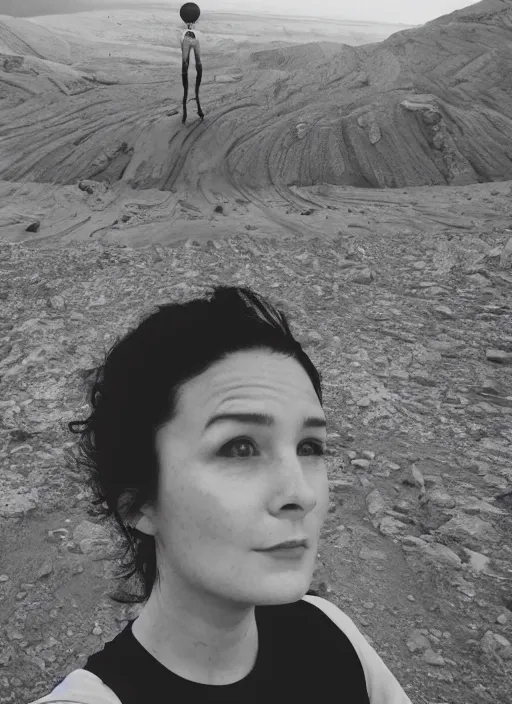 Image similar to front camera instagram selfie of a woman who is stood infront of an alien invasion of the earth, highly detailed, 4k