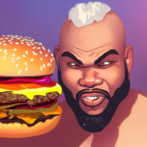 Prompt: portrait photography of Mr. T eating a giant hamburger, extra ketchup and mustard with overflowing bacon lettuce and tomato, cinematic lighting, highly detailed, ethereal, D&D, hearthstone, digital painting, artstation, concept art, smooth, sharp focus, illustration, art by Terry Moore and Greg Rutkowski and Alphonse Mucha