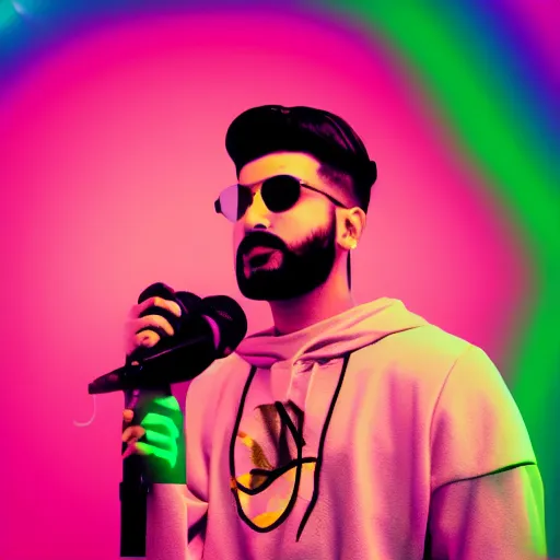 Image similar to beautiful Pakistani man raps into microphone, hip hop vaporwave, abstract background, neon, photo, detailed, 4k