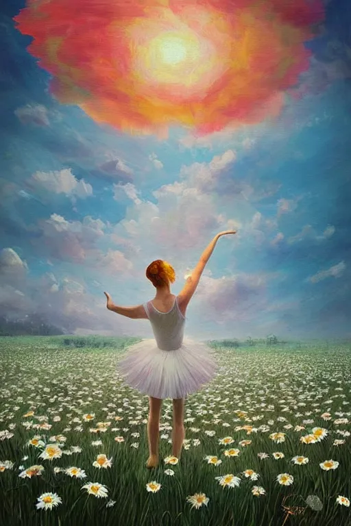 Image similar to giant white daisies flower as head, girl ballet dancing in a flower field, surreal photography, sunrise, dramatic light, impressionist painting, colorful clouds, digital painting, artstation, simon stalenhag